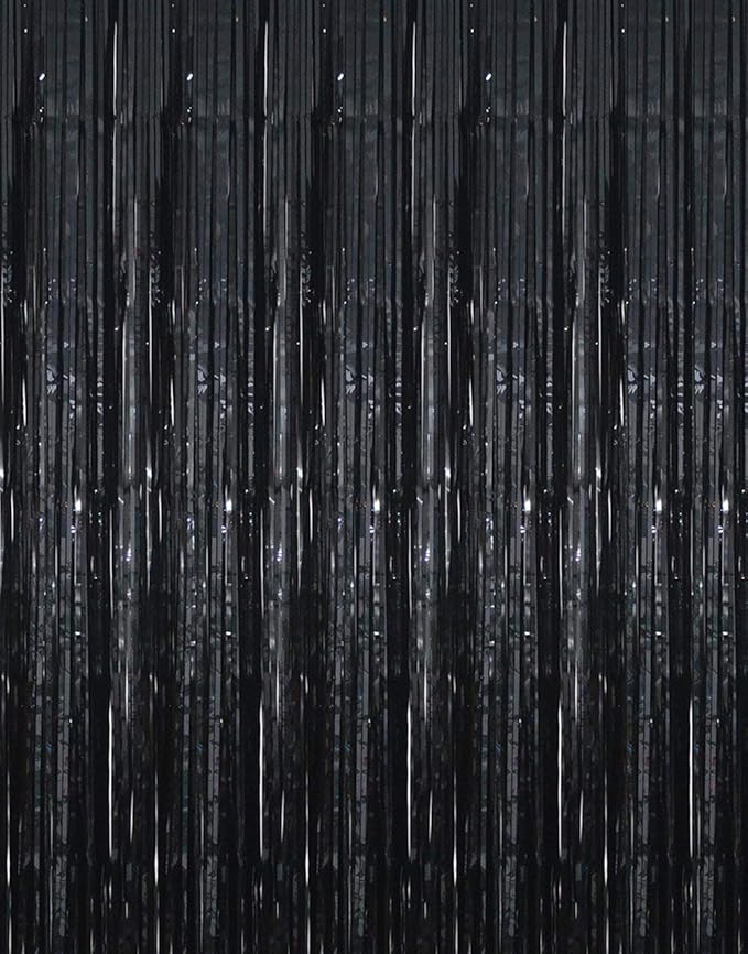 GOER 3.2 ft x 9.8 ft Metallic Tinsel Foil Fringe Curtains Party Photo Backdrop Party Streamers for Halloween,Birthday,Graduation,New Year Eve Decorations Wedding Decor (3 Packs,Black)