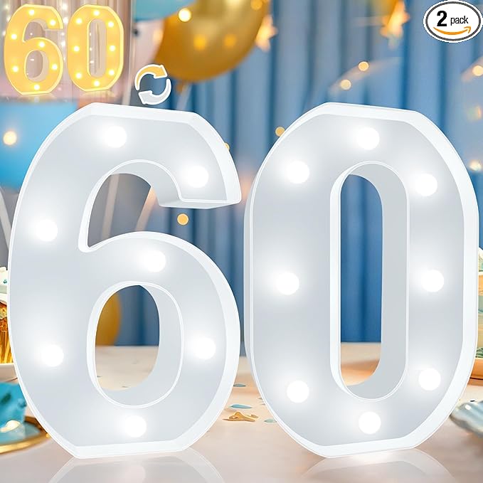 Pooqla 60th Birthday Decoration for Woman Man, Decorative LED Light Up Numbers, Marquee Numbers 60 Sign for Party Backdrop 60th Wedding Anniversary Decor, Warm White and Cool White Number 60