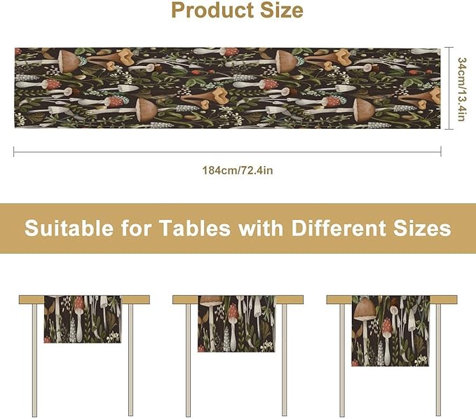 Mushroom Table Runner,Retro Forest Wildflower Botanical Plants Flower Art Pattern Print Burlap Hotel Indoors Outdoor Dining Room Kitchen Holiday Party, 13x108in