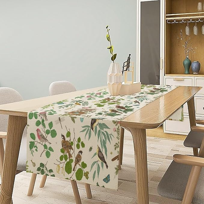 Vintage Bird Flower Table Runner Seasonal Spring Summer Garden Plants Farmhouse Country Kitchen Dining Table Decoration for Home Party Holiday 13"x70"