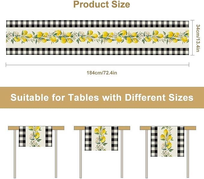 Lemon Table Runner,Black Buffalo Plaid Lemon Table Runner Farmhouse Style Spring Summer Home Kitchen Dinding Room Table Decoration 13x120 Inch