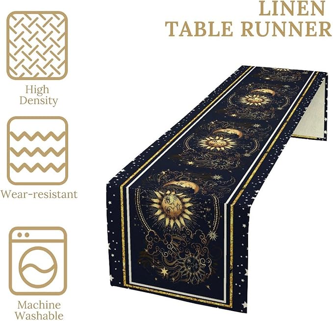 Sun Moon Table Runner, Seasonal Golden Sun Moon Holiday Kitchen Dining Table Runner for Kitchen Living Room Home Party Decor 13x90 Inch