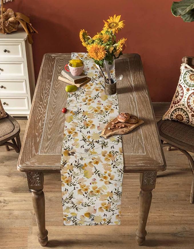Vintage Orange Flower Cotton Linen Table Runner for Dining Kitchen, Wedding Outdoor Party Tablerunners Decoration, Farmhouse Botanical Floral Retro Dresser Scarf Coffee Tablecloth Runners 13''x120''