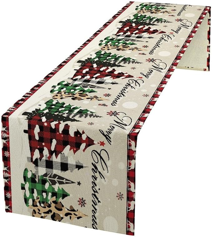 Christmas Tree Table Runner,Farmhouse Xmas Trees Buffalo Plaid Winter Snowflake Tablecloth Burlap for Hotel Indoors Outdoor Dining Room Kitchen Home Decor,W13X L60 in