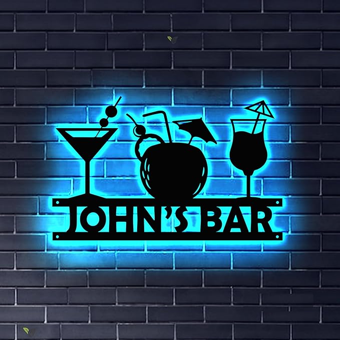Custom Metal Bar Sign with LED Light Personalized Bar Theme Cocktail Metal Sign, Bar Theme Sign Wall Art Beack Bar Pub Decor Tiki Bar Decor