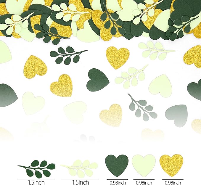 200PC Sage Green Heart Confetti for Wedding Baby Shower Engagement Birthday Bachelorette Party Decorations Greenery Eucalyptus Leaves Table Scatter for Bridal Shower Decor