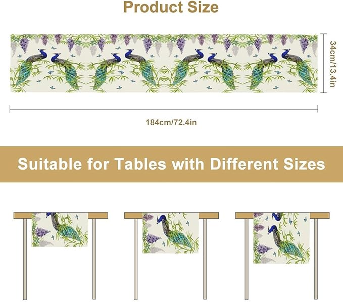 Peacock Table Runner,Spring Plant Butterfly Print Seasonal Table Runner for Home Kitchen Dining Party Indoor Outdoor Decoration 13x60 Inch