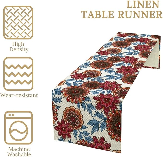 Mandala Flower Table Runner, Vintage Oriental Exotic Native Red Floral Blue Branch Leaves Botanical Print Table Runner for Farmhouse Kitchen Dining Table Decor, 13x36inch