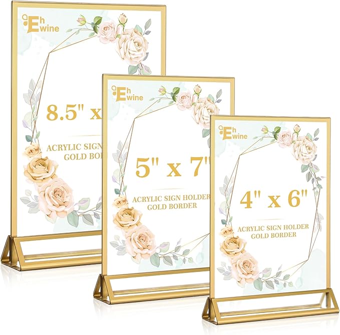 EHWINE 2 Pack Acrylic Sign Holder 5 x 7, Double Sided Gold Picture Frame Stand up Table Top Sign Holders, Clear Display Stand Menu Flyer Holder for Wedding Party