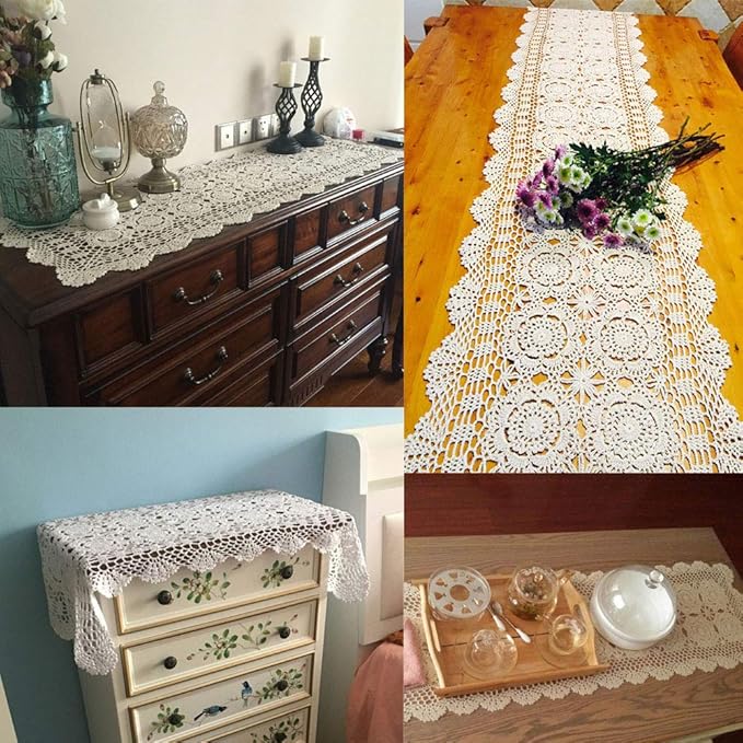 KEPSWET Cotton Handmade Crochet Lace Table Runner Dark Brown Rectangle Coffee Table Dresser Decor (14x60 inch)