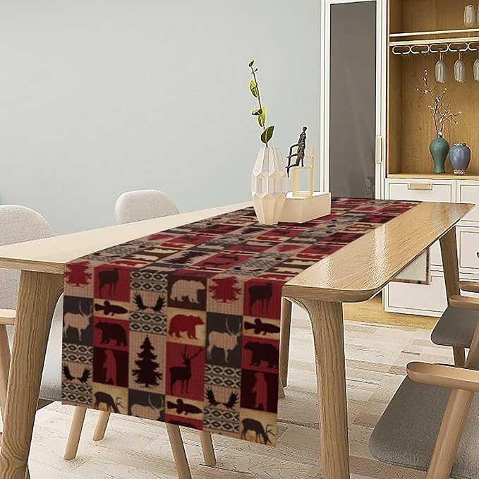 Retro Rustic Bear Table Runner, Wild Bear Cabin Pine Farmhouse Table Runner for Bedroom Kitchen Living Room Vintage Country Style Lodge 13x70 Inch