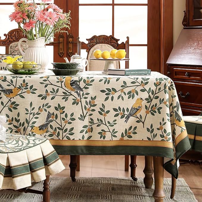 patdrea Designer Green Linen Rectangular Tablecloth,Vintage Breathable Floral Extra Long Table Cloth,Decor Table Cover for Kitchen Dining,Parties,Party,Christmas,Thanksgiving,63"x110"-Warbler
