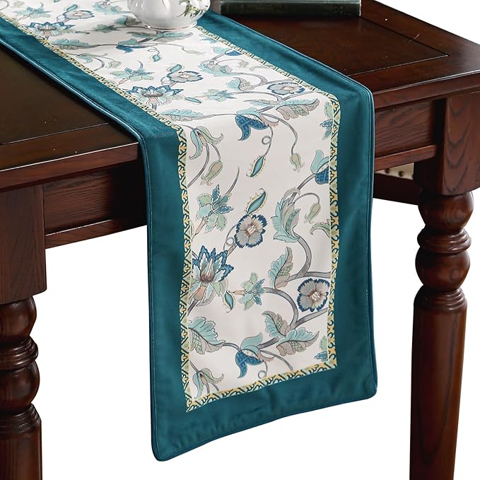 patdrea Designer Elegant French Floral Velvet Table Runner, Teal with Blossoms Pattern Table Mat, Decoration for Kitchen Dining Coffee Table Shelf Cabinet Banquet Thanksgiving,12"*71"