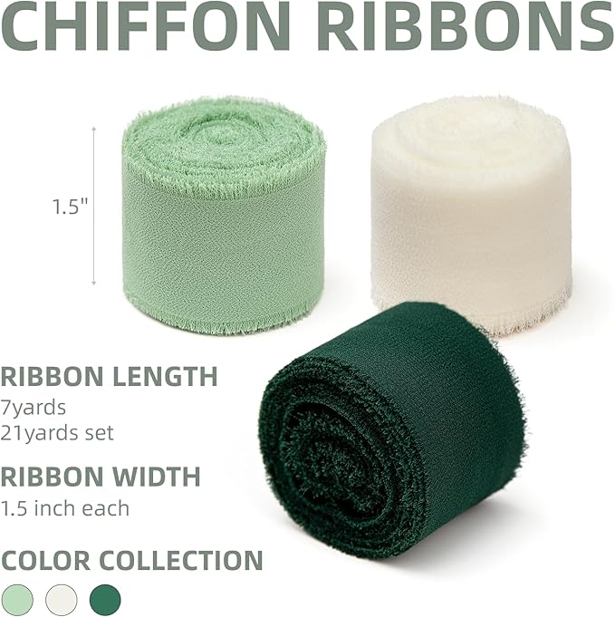 3 Rolls Cream White & Sage Green Handmade Chiffon Ribbon,1.5" x 21Yd Frayed Fringe Silk Ribbons (3 Rolls *7Yd) for Gifts Wrapping, Wedding Invitations, Bridal Bouquets, Decorations
