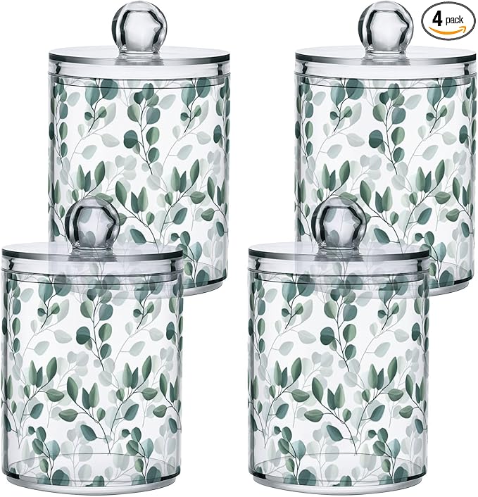 Qtip Holder Dispenser 4 Pack Green Watercolor Floral Leaves Apothecary Jars with Lids Bathroom Vanity Countertop Canister Storage Organizer for Cotton Ball,Swabs,Pads,Floss