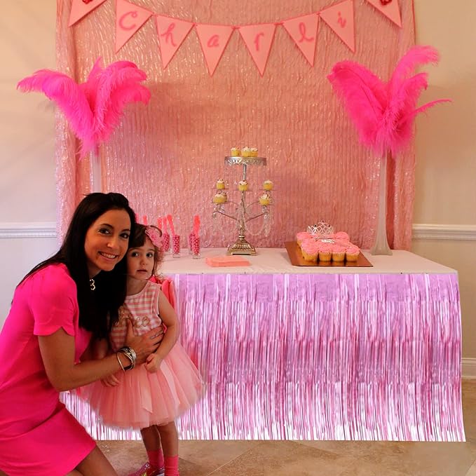 4 Pack 29x108 Inch Valentine's Day Metallic Foil Fringe Tinsel Table Skirts for Rectangle Tables Streamer Curtains Backdrop for Wedding, Birthday, Parade Floats Mardi Gras Party Decorations(Pink)