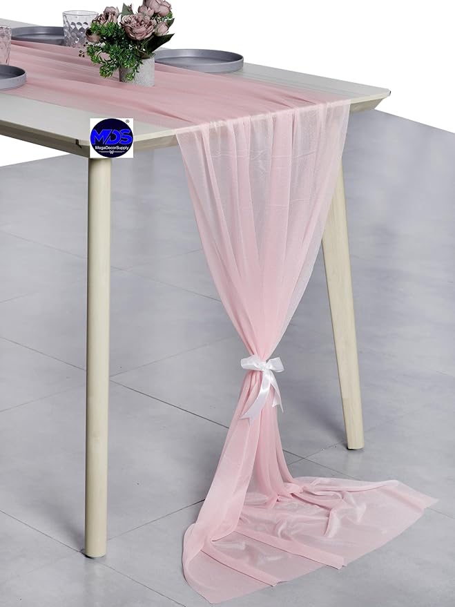 MDS 5 Pack 10ft Chiffon Table Runner 29 x 120 Inches Sheer Wedding Runner Romantic Rustic Table Runner for Wedding Decorations, Birthday Parties, Bridal Shower Party Arch Decor - Blush Pink