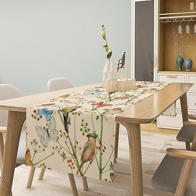 Brown Bird Floral Table Runner Spring Flower Kitchen Table Decoration Suitable for Family Dinner Decoration 13x60 Inch
