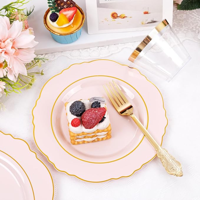 Liacere 350PCS Pink Plates Disposable - Pink and Gold Plates 50guest Baroque Plastic Dinnerware include 100Plates, 50Pack Pre Rolled Napkins with Silverware 50Cups Perfect for Wedding＆Mother's Day