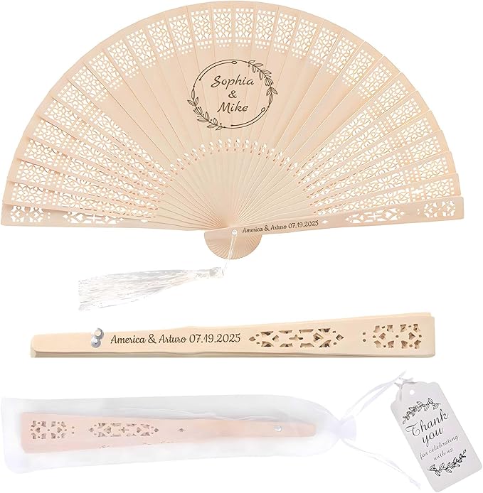 50 PCS Custom Fans Personalized Folding Fans for Line Dancing Wooden Hand Fan Wedding Favors Bulk Fans for Guests Party Event Use (Style14)