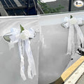 6PCS Wedding Car Door Handle Flowers, White Artificial Cars Rearview Mirror Bouquet Flower Bowknot Ribbon Decors, Just Married Automotive Decoration Accessories for Door Handles and Rearview Mirrors