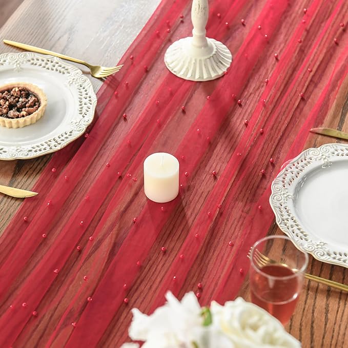 Artoid Mode Pearl Red Gauze Table Runner 59x120 Inch , Seasonal Sheer Kitchen Dining Holiday Wedding Birthday Baby Shower Table Decor for Home Party