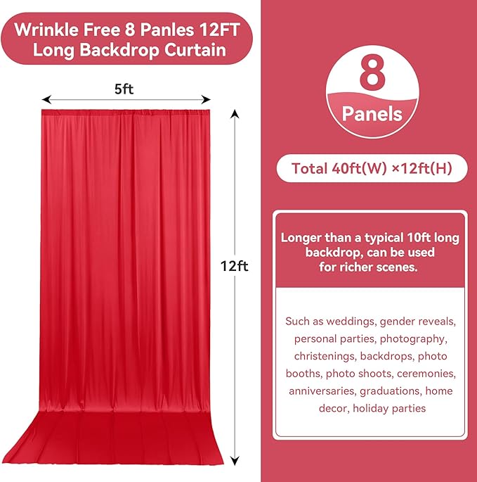 40ftx12ft Wrinkle Free Red Backdrop Curtain, 8 Panels 12FT Height Red Wedding Backdrop Drapes, Silky Polyester Back Drop Cloth for Birthday Photography Background Party Backdrop Draping