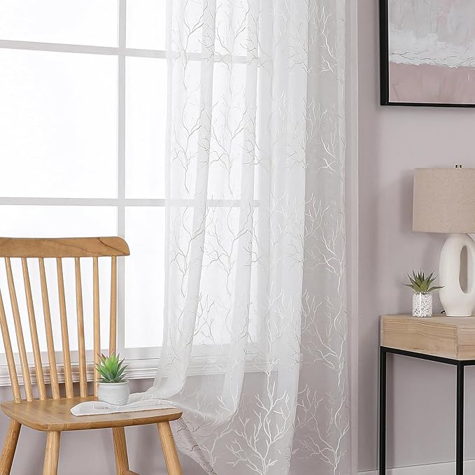 VISIONTEX Sheer Curtains 95 inch Length 2 Panels Set, Decorative Beige Coral Embroidery, Rod Pocket Embroidered Window Drapes for Living Room and Bedroom, 54" x 95"