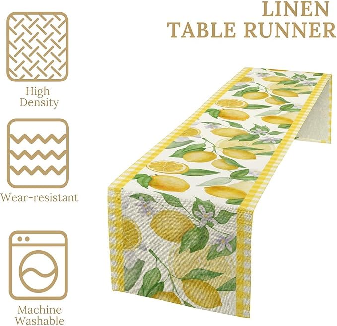 Lemon Table Runner,Yellow White Buffalo Plaid Summer Table Runner for Kitchen Dining Table Home Party Decoration 13x72 Inch