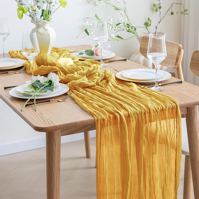 Asee'm 2pcs Cheesecloth Table Runner 120 Inches Long Gold Boho Gauze Cheese Cloth Runner 10FT Rustic Sheer Table Runners for Christmas Wedding Party Baby Shower Spring Easter Decoration