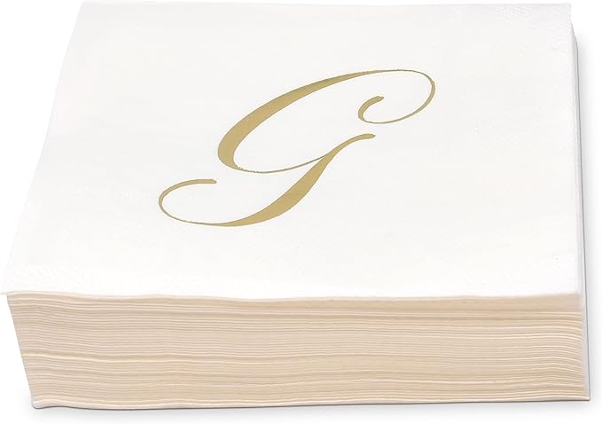 Gift Boutique 100 Gold Monogram Cocktail Napkins Letter G Disposable Paper Pack Elegant Metallic Golden Foil Hand Napkin for Powder Room Wedding Holiday Birthday Party Baby Shower Decorative Towels