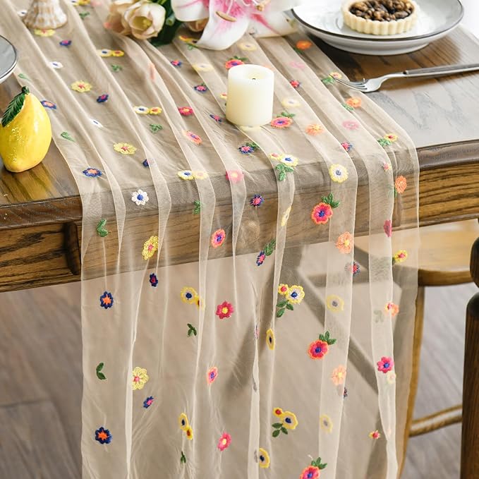 Artoid Mode Champagne Embroidery Daisy Gauze Table Runner 120 Inch 10FT, Seasonal Sheer Kitchen Dining Holiday Wedding Birthday Table Decor for Home Party