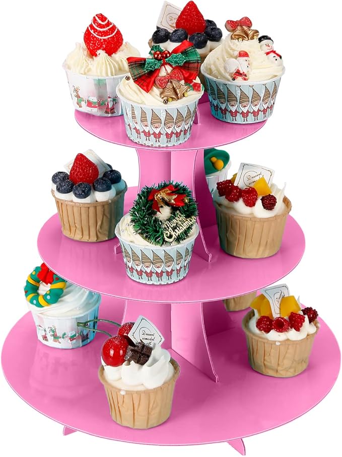 3-Tier Cupcake Stand, Cake Stand holder, Tiered DIY Cupcake Stand Tower for Dessert Table Displays, Birthday Theme Party Favors Decoration, Floral Tea Party, 12" W x 12.8" H, Pink