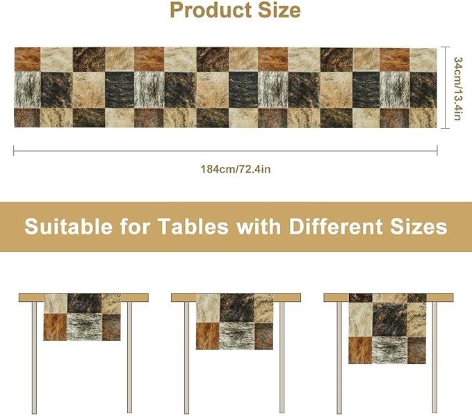 Rustic Cow Skin Patchwork Print Table Runner, Farmhouse Country Western Style Fur Table Cover for Dinning Home Party Holidays Home Setting, 13x120 Inch