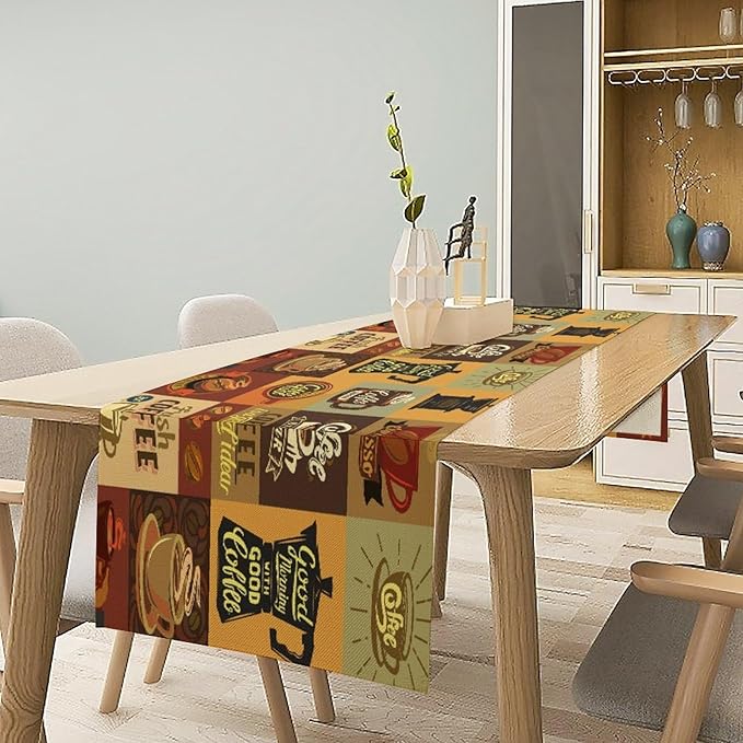 Coffee Table Runner,Vintage Style Coffee Beans Cups Theme Design Pattern Print Tablecloth Burlap for Hotel Indoors Outdoor Dining Room Kitchen Holiday Party, 13x36in