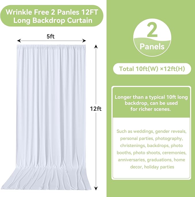 10ftx12ft Wrinkle Free White Backdrop Curtain, 2 Panels 12FT Height White Wedding Backdrop Drapes, Silky Polyester Back Drop Cloth for Birthday Photography Background Party Backdrop Draping