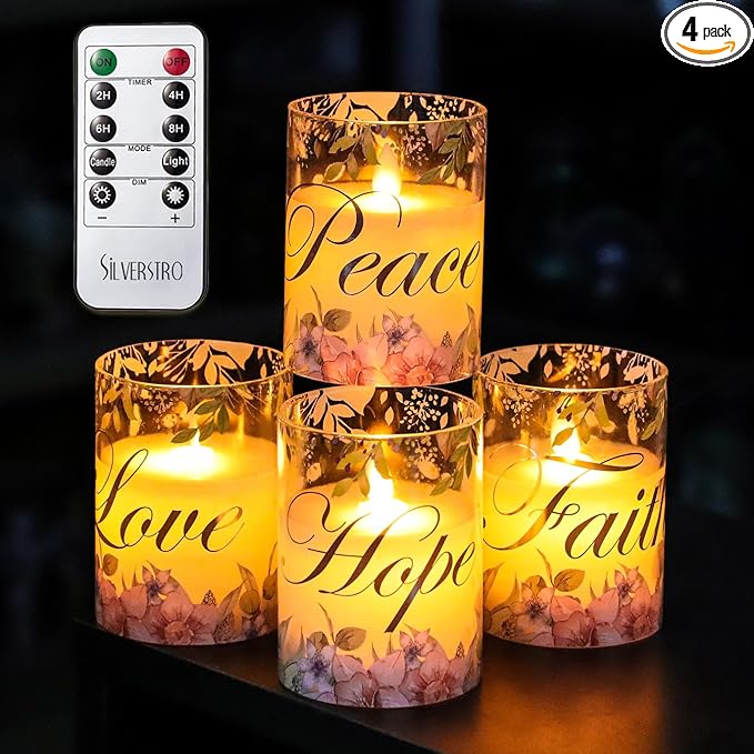 Silverstro Christmas Flameless Candles Glass Flickering Real Wax Floral LED Candles with Remote - Home Party Room Botanical Holiday Decor Set of 4