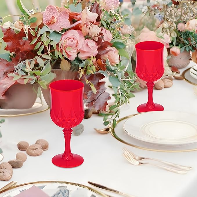 JLYLOL Plastic Vintage Wine Glasses 7OZ Plastic Goblets Vintage Drinking Glasses 48PCS Retro Wedding Glassware Water Goblets Reusable Drinking Cups for Party,Reception,Celebration,Bar,Whiskey(Red)