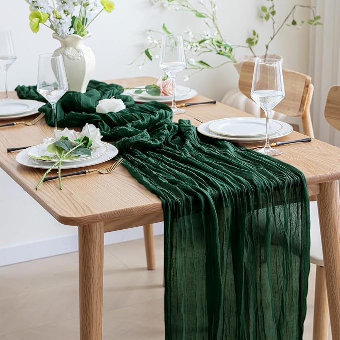 Asee'm Fall Table Runner Cheesecloth 10FT Emerald Green Boho Gauze Fabric Rustic Sheer Cheese Cloth Runners for Thanksgiving Wedding Bridal Shower Party Decoration