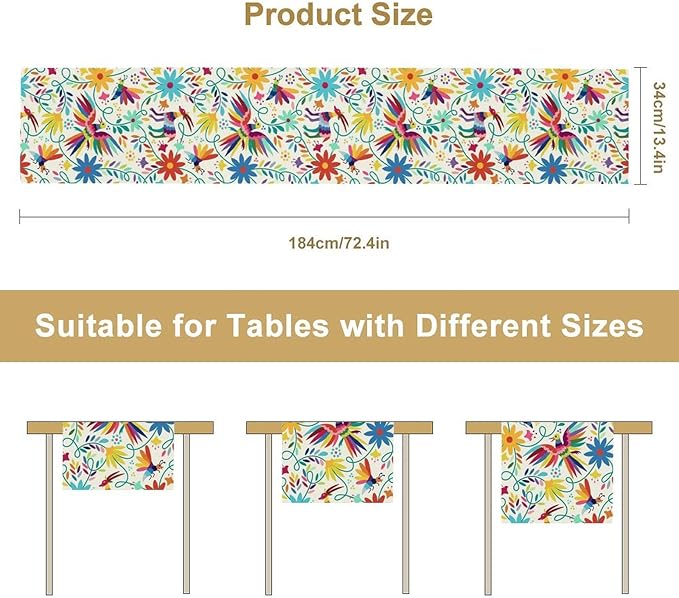Mexican Table Runner,Boho Colorful Nature Inspired Flowers and Birds Table Cloth Kitchen Dining Table Home Party Decoration 13x36 Inch