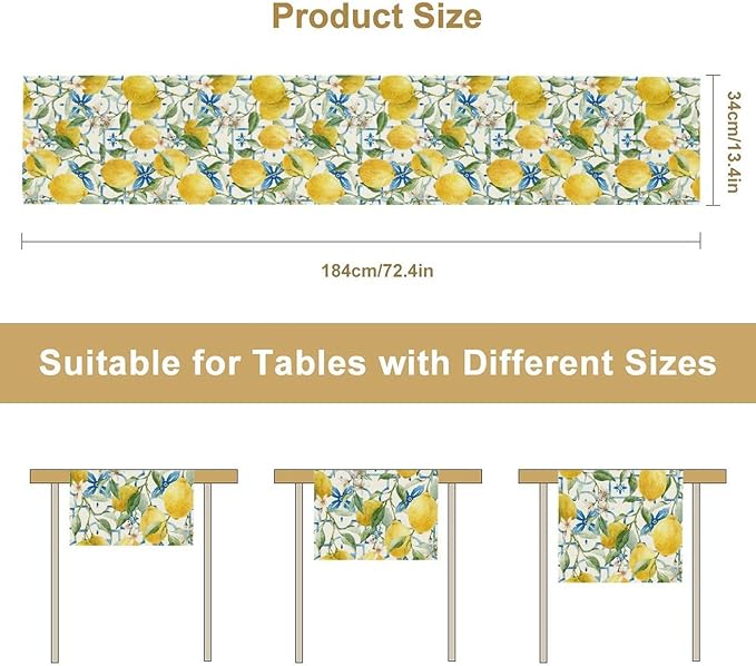 Lemon Table Runner,Watercolor Fruit Green Leaves Spring Summer Table Cloth Kitchen Dining Table Home Party Decoration 13x36 Inch