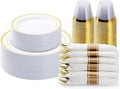BESTVIP 175PCS Gold Plastic Dinnerware Set, Disposable Party Plates for 25 Guests, Include: 50 Plastic Plates, 25 Pre Rolled Napkins with Gold Silverware, 25 Cups for Christmas, Halloween