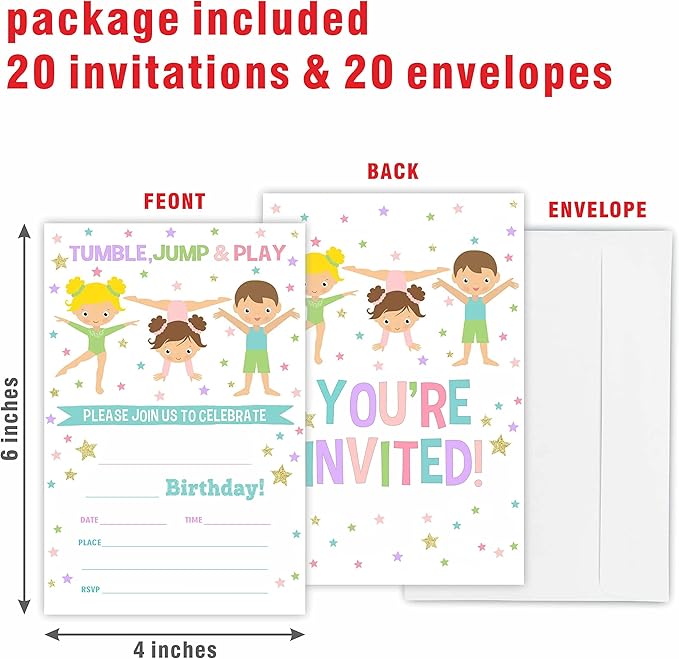 Gymnastics Birthday Party Invitation, Tumble Jump & Play Invite Cards（20 Count) With Envelopes, Fill In Style Invite Cards For Boys, Girls, Kids, Birthday Party Supplies-A46