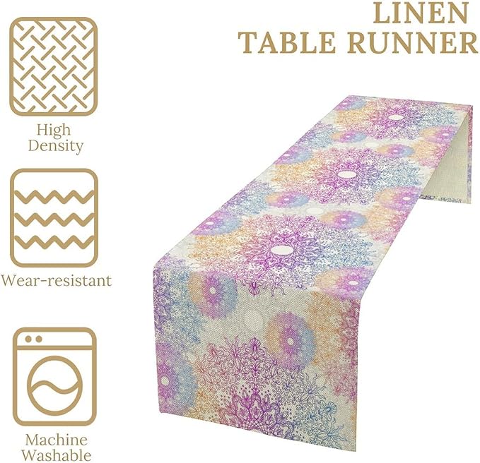 Oriental Mandala Table Runner, Traditional Bohemian Gradiently Purple Pink Blue Mandala Flower Table Runner for Farmhouse Cottage Kitchen Dining Table Decor, 13x108inch
