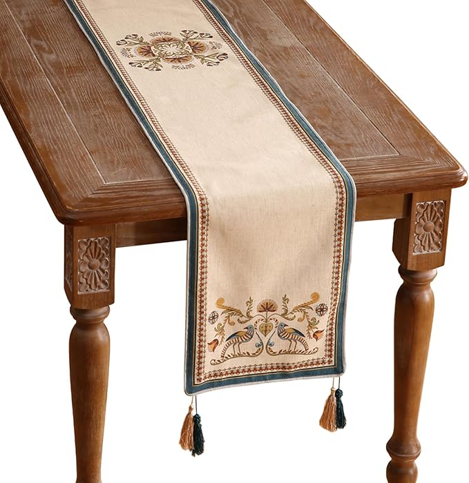 patdrea Designer Beige Farmhouse Geometric Patterned Linen Table Runner 102 Inch Long,Wrinkle Resistant Table Mat,Decoration for Kitchen Dining and Coffee Tables Banquet Christmas ,12"x102"