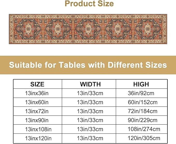 Vintage Boho Floral Table Runner, Rustic Country Farmhouse Orange Black Retro Flower Pattern for Home Kitchen Table Decor Dining Coffee Room Party Decor 13x108in