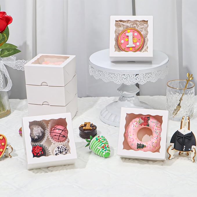 50-Count 4x4x2 Food-Safe Elegant White Bakery Boxes - Multi-Use Pastry & Treat Packaging for Cookies, Truffles & Wedding Favors (Stackable Gift Boxes for Cakes, Pies & Cinnamon Rolls)