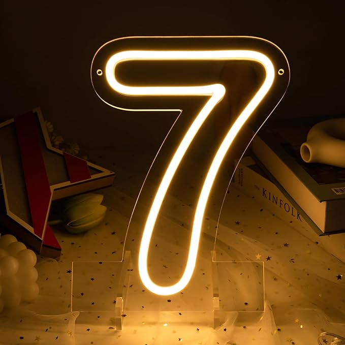 Number 7 LED Neon Sign Backdrop Birthday Party Decoration, 11.3" Height Warm White Marquee Numbers Seven Light Up Sign for Wedding Anniversary Window Wall Table, Indoor Battery Operated or USB
