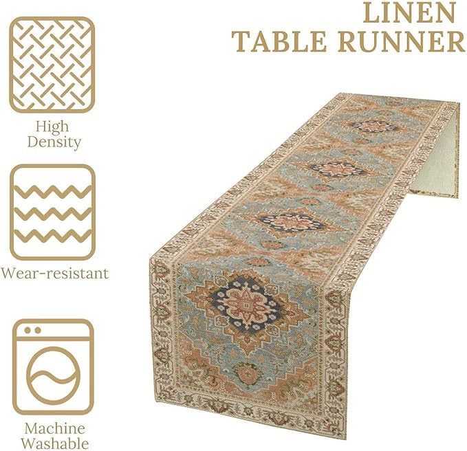 Vintage Boho Floral Table Runner, Rustic Country Farmhouse Grey Blue Orange Bohemia Flower Pattern for Home Kitchen Table Decor Dining Coffee Room Party Decor 13x60in
