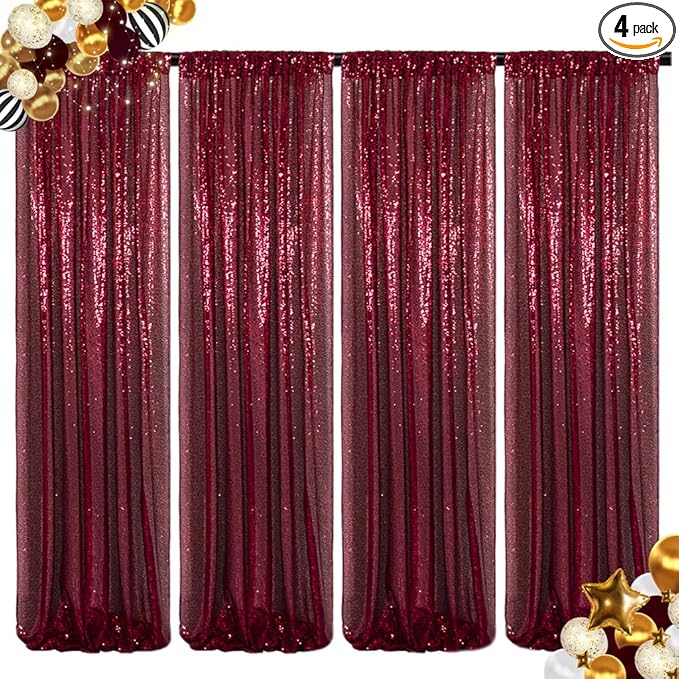 ShinyBeauty Sequin Backdrop 4 Panels Burgundy 2FTx8FT Fabric Photo Curtains for Party Baby Shower Glitter Backgrounds